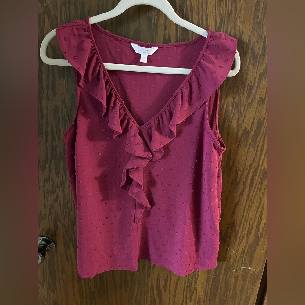Lauren Conrad Burgundy dotted swiss, ruffled collar sleeveless top